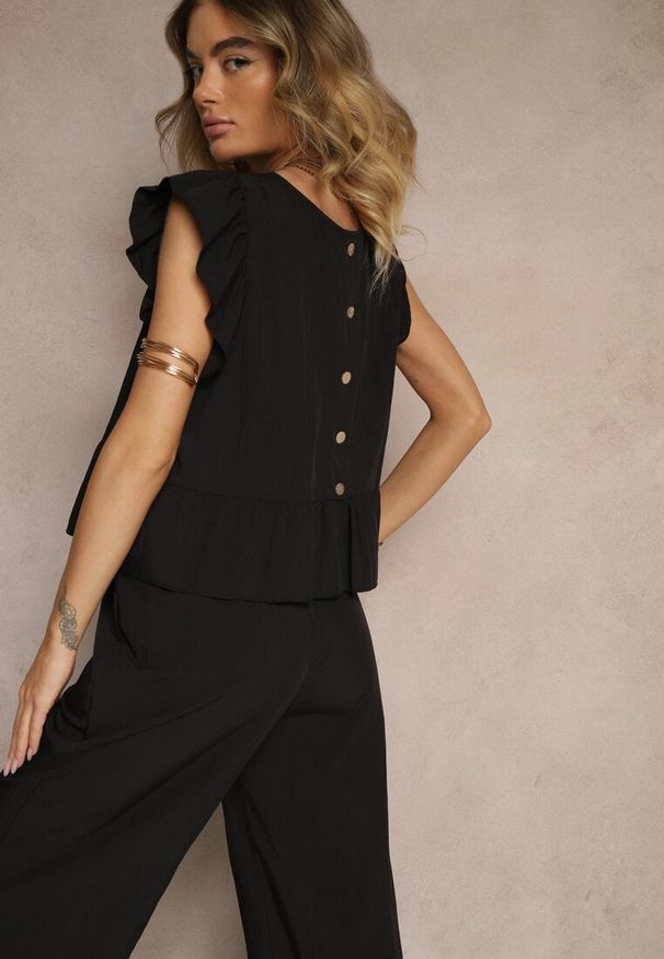 Renee - Czarny Komplet z Wiskozą Spodnie o Szerokim Kroju i Bluzka z Baskinką Evellimi. Kolor: czarny. Materiał: wiskoza