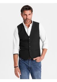 Ombre Clothing - Elegancka męska kamizelka w jodełkę SLIM FIT - czarna V3 - Rozmiar: XL. Okazja: na spotkanie biznesowe, do pracy, na co dzień. Typ kołnierza: golf. Kolor: czarny. Materiał: tkanina, wiskoza, poliester, materiał, elastan. Wzór: jodełka. Styl: elegancki