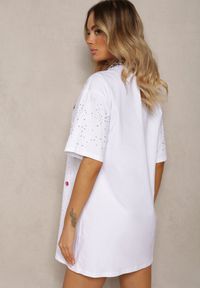 Renee - Biała Bawełniana Bluzka Prosta z Kryształkami i Cyrkoniami Leokka. Kolor: biały. Materiał: bawełna. Sezon: lato
