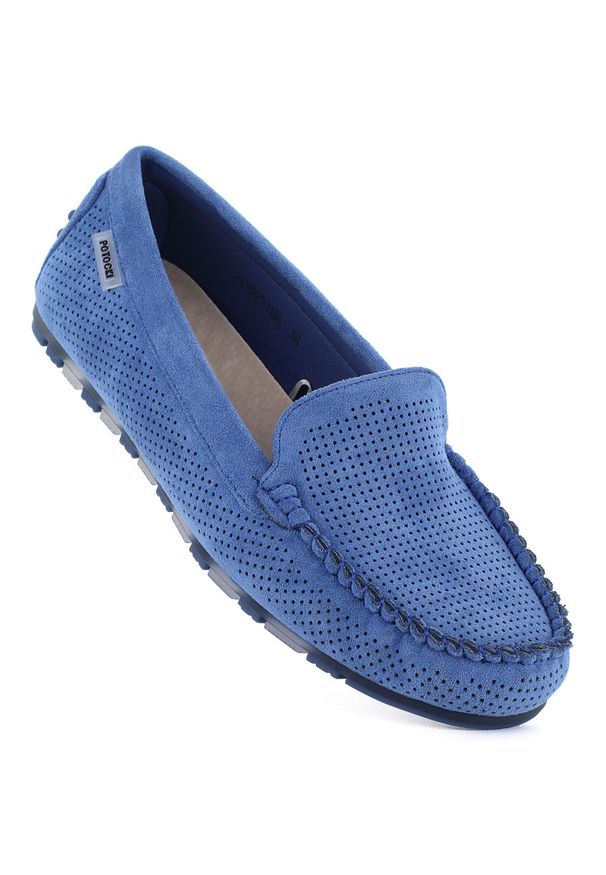 POTOCKI - Mokasyny damskie półbuty zamszowe niebieskie Potocki 09301. Kolor: niebieski. Materiał: tkanina. Styl: elegancki