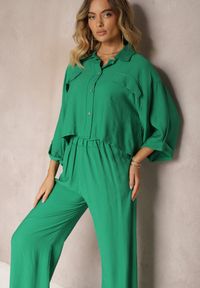 Renee - Zielony 2-Częściowy Komplet Wiskozowy Koszula Szerokie Spodnie z Gumką w Pasie Vimatthia. Kolor: zielony. Materiał: wiskoza #2