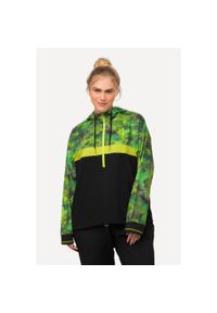 ULLA POPKEN - Damskie Bluza z kapturem szybkoschnąca kaptur obszycie z tunelem długi rękaw. Typ kołnierza: kaptur. Kolekcja: plus size. Kolor: czarny. Materiał: materiał, poliester, elastan. Długość rękawa: długi rękaw. Długość: długie #1