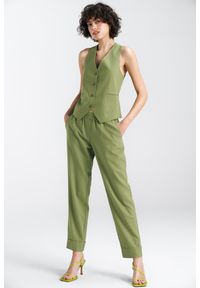 Nife - Zielone Damskie Spodnie Lniane z Gumą. Kolor: zielony. Materiał: guma, len