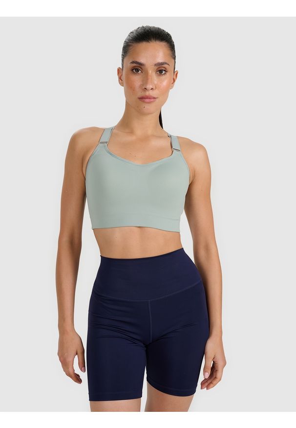 4f - 4F Biustonosz treningowy z wysokim wsparciem - zielony S. Kolor: zielony. Materiał: guma, elastan, materiał, włókno, syntetyk. Wzór: gładki, ze splotem. Sport: bieganie, fitness