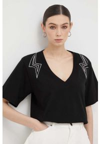 Pinko t-shirt bawełniany kolor czarny. Kolor: czarny. Materiał: bawełna. Długość rękawa: krótki rękaw. Długość: krótkie. Wzór: aplikacja