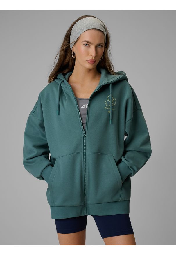 4f - 4F Bluza dresowa loose z kapturem damska - turkusowa S. Okazja: na co dzień. Typ kołnierza: kaptur. Kolor: turkusowy. Materiał: dresówka. Styl: casual