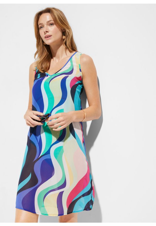 bonprix - Sukienka plażowa z poliestru z recyklingu. Okazja: na plażę. Kolor: niebieski. Materiał: poliester