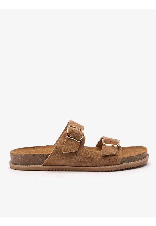 Ryłko - Beżowe klapki z dwoma paskami. Nosek buta: okrągły. Kolor: beżowy. Materiał: skóra, welur. Wzór: paski. Sezon: lato. Styl: street, klasyczny, elegancki