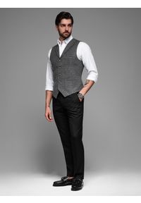 Ombre Clothing - Elegancka kamizelka męska w kratkę z klapami – czarna V3 - Rozmiar: L. Kolor: czarny. Materiał: poliester, materiał. Wzór: kratka. Styl: elegancki #6