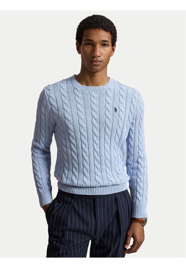 Polo Ralph Lauren Sweter Cable 710775885545 Niebieski jasny Regular Fit. Typ kołnierza: polo. Kolor: niebieski. Materiał: bawełna
