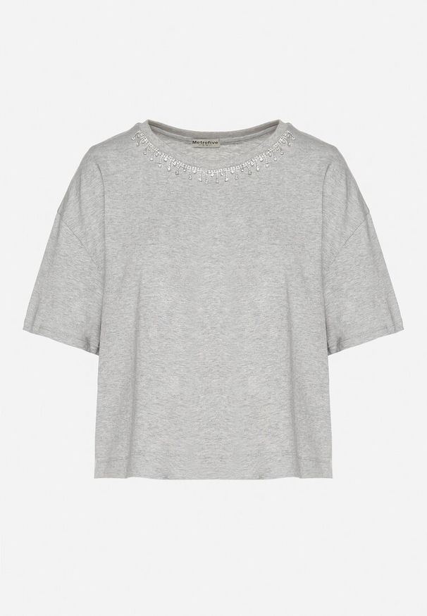 Born2be - Szary Bawełniany T-shirt Ozdobiony Cyrkoniami Fadelis. Okazja: na co dzień, na spotkanie biznesowe. Kolor: szary. Materiał: bawełna. Wzór: aplikacja. Styl: elegancki, biznesowy, casual