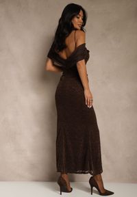 Renee - Brązowa Sukienka o Asymetrycznym Kroju Ozdobiona Falbaną Owedia. Kolor: brązowy. Materiał: poliester. Wzór: aplikacja. Typ sukienki: asymetryczne. Styl: elegancki #5