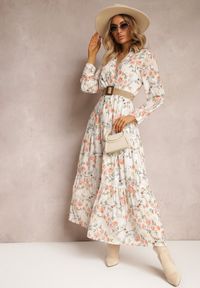 Renee - Biała Sukienka Maxi z Plecionym Paskiem i Gumką w Talii w Kwiaty Elanisa. Kolor: biały. Długość rękawa: długi rękaw. Wzór: kwiaty. Typ sukienki: kopertowe. Długość: maxi
