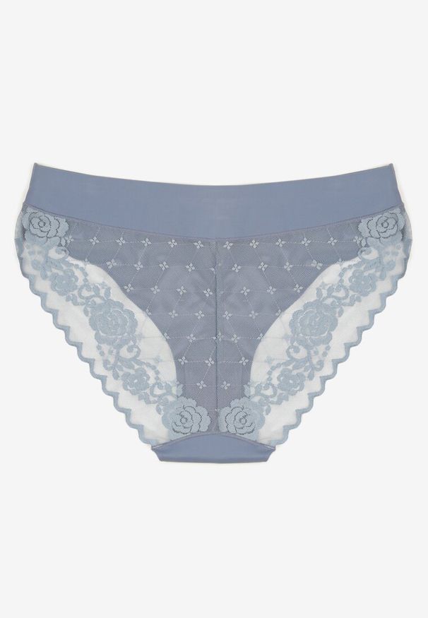 Renee - Jasnoniebieskie Bezszwowe Majtki o Kroju Fig z Koronką Zeiarae. Kolor: niebieski. Materiał: koronka. Wzór: koronka