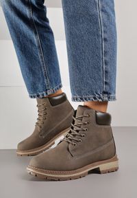 Born2be - Bordowe Klasyczne Botki Traperki ze Sznurowaną Cholewką Anevitte. Okazja: na co dzień, na spacer. Kolor: czerwony. Materiał: jeans, dzianina. Szerokość cholewki: normalna. Wzór: aplikacja. Styl: klasyczny