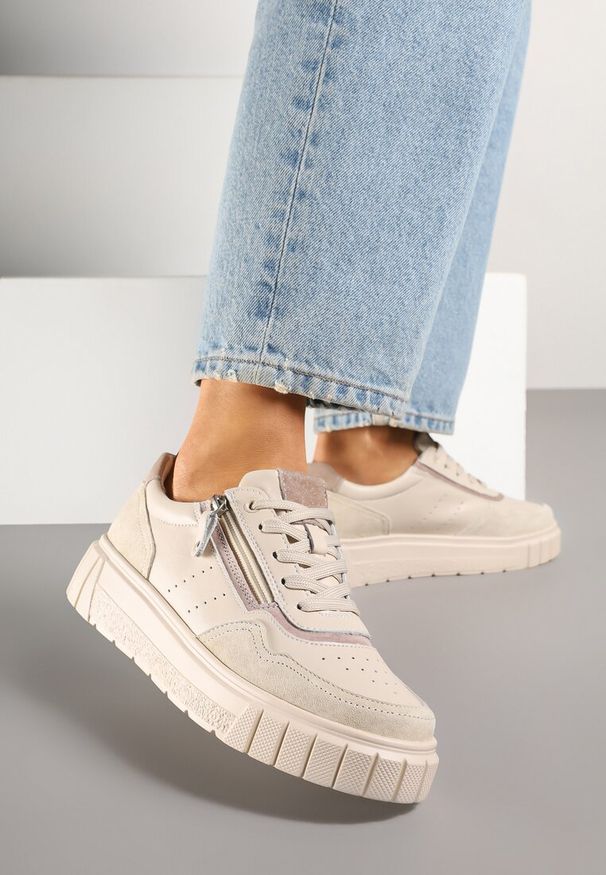Renee - Beżowe Sneakersy z Naturalnej Skóry na Grubej Podeszwie z Suwakiem Soravelle. Okazja: na co dzień. Kolor: beżowy. Materiał: skóra
