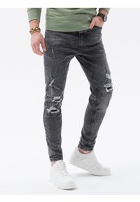 Ombre Clothing - Spodnie męskie jeansowe z dziurami SLIM FIT P1078 - szare - XXL. Kolor: szary. Materiał: jeans #1