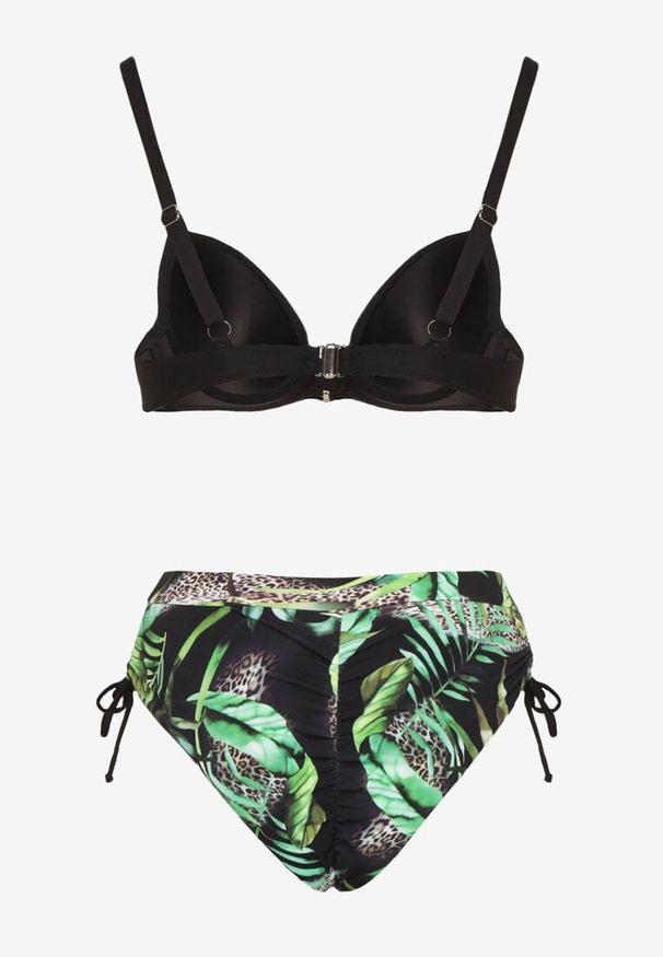 Born2be - Czarne Bikini Biustonosz i Majtki Figi ze Ściągaczami w Tropikalny Wzór Sadeille. Kolor: czarny