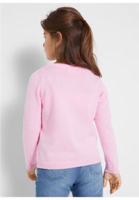 Sweter dziewczęcy dzianinowy z bawełny, z motywem jednorożca bonprix jasnoróżowy kryształowy. Kolor: różowy. Materiał: bawełna, dzianina. Wzór: ze splotem #3