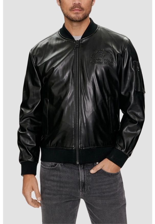 Guess - GUESS Skórzany bomber męski District Faux Leather Bomber, Rozmiar L. Typ kołnierza: kołnierzyk stójkowy. Kolor: czarny. Materiał: skóra. Styl: elegancki, klasyczny