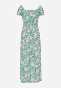 Renee - Zielona Kwiecista Sukienka o Rozkloszowanym Kroju z Marszczoną Górą Eliseria. Okazja: na imprezę. Typ kołnierza: dekolt w łódkę. Kolor: zielony. Materiał: materiał. Wzór: kwiaty. Typ sukienki: rozkloszowane. Styl: elegancki #4