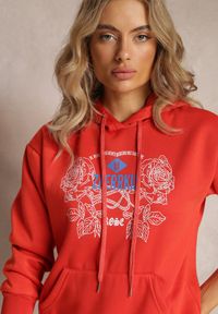 Renee - Pomarańczowa Modna Bluza z Nadrukiem i Kapturem Ozdobiona Nadrukiem Arinalu. Kolor: pomarańczowy. Materiał: polar. Wzór: aplikacja, nadruk