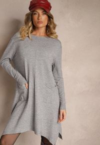 Renee - Szara Trapezowa Sukienka z Wiskozą z Asymetrycznym Dołem Sianille. Okazja: na co dzień, do pracy. Kolor: szary. Materiał: wiskoza. Długość rękawa: długi rękaw. Typ sukienki: trapezowe, asymetryczne. Styl: casual, elegancki #1
