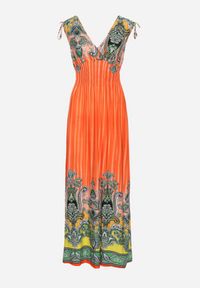 Born2be - Pomarańczowa Sukienka z Troczkami w Ramionach Rozkloszowana z Dekoltem w V Araxeda. Typ kołnierza: dekolt w kształcie V. Kolor: pomarańczowy. Sezon: lato. Styl: elegancki #6