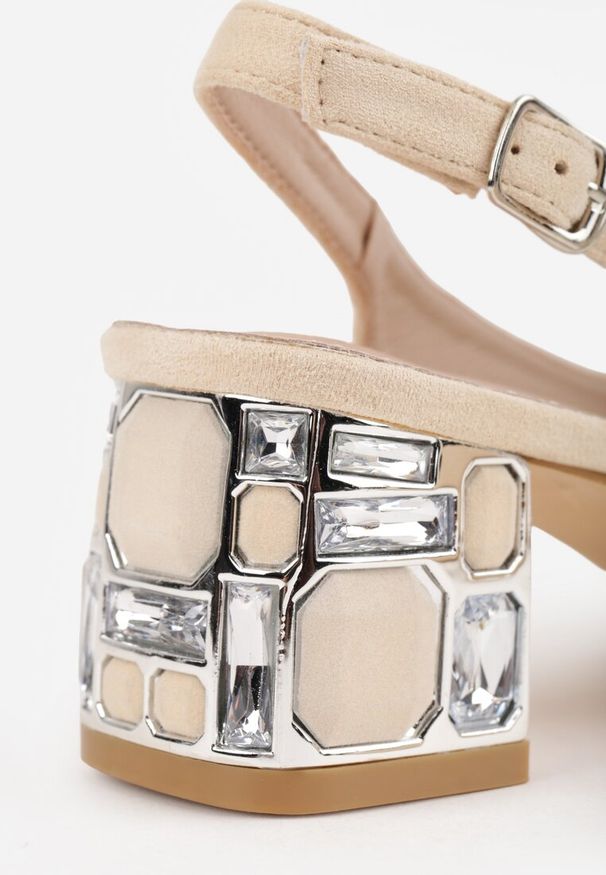 Renee - Beżowe Sandały Vices na Ozdobnym Słupku Typu Slingback ze Skórzaną Wkładką Eraliora. Okazja: na co dzień. Zapięcie: sprzączka. Kolor: beżowy. Materiał: skóra. Obcas: na słupku. Styl: casual, elegancki