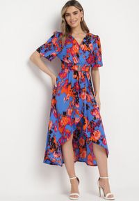 Born2be - Niebiesko-Pomarańczowa Sukienka z Kopertowym Dekoltem i Asymetrycznym Dołem z Gumką w Talii Coralen. Okazja: na co dzień. Kolor: niebieski. Typ sukienki: asymetryczne, kopertowe. Styl: casual, elegancki #4