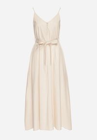 Born2be - Beżowa Sukienka z Wiskozą i Bawełną Ozdobiona Paskiem Saviliae. Kolor: beżowy. Materiał: bawełna, wiskoza. Długość rękawa: na ramiączkach. Wzór: aplikacja. Styl: elegancki #7