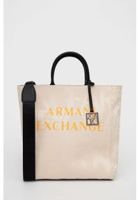 Armani Exchange torebka kolor beżowy. Kolor: beżowy. Wzór: nadruk. Materiał: z nadrukiem. Rodzaj torebki: na ramię