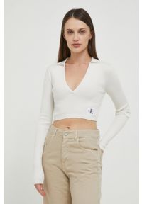 Calvin Klein Jeans longsleeve damski kolor beżowy. Kolor: beżowy. Materiał: dzianina, prążkowany. Długość rękawa: długi rękaw. Długość: długie #2