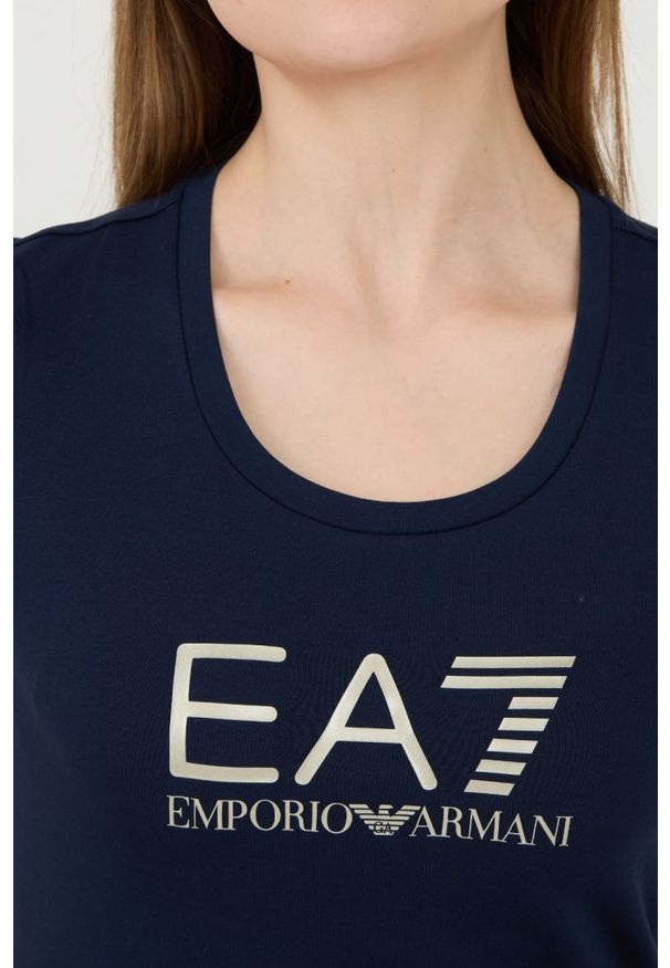 EA7 Emporio Armani - EA7 Granatowy damski t-shirt ze srebrnym logo, Rozmiar M. Kolor: niebieski