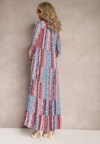 Renee - Niebiesko-Różowa Sukienka Maxi o Koszulowym Fasonie Vender. Kolor: niebieski. Materiał: wiskoza, tkanina. Długość rękawa: długi rękaw. Wzór: aplikacja, nadruk. Typ sukienki: koszulowe. Długość: maxi