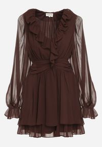 Born2be - Ciemnobrązowa Rozkloszowana Sukienka z Falbankami i Siateczkowymi Rękawami Zennisa. Okazja: do pracy, na imprezę, na spotkanie biznesowe. Typ kołnierza: kołnierz z falbankami. Kolor: brązowy. Materiał: poliester. Typ sukienki: rozkloszowane. Styl: klasyczny, biznesowy #5
