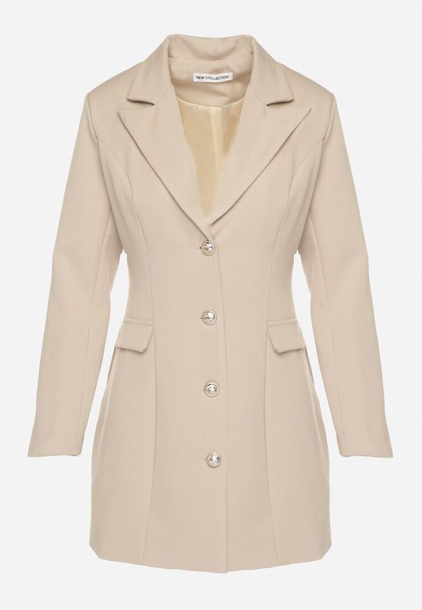 Born2be - Beżowa Taliowana Sukienka z Wiskozą o Jednorzędowym Marynarkowym Kroju Bonigala. Typ kołnierza: dekolt w serek. Kolor: beżowy. Materiał: wiskoza. Styl: elegancki, klasyczny