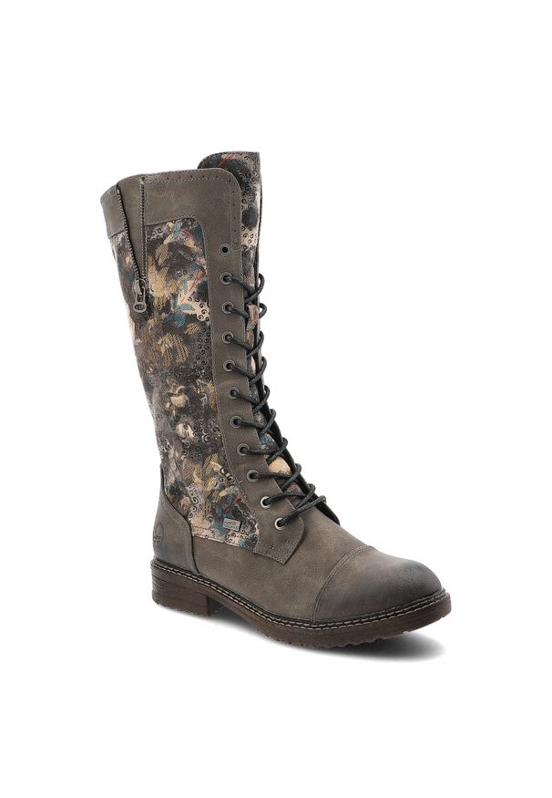 Szare Wysokie Kozaki Rieker Ocieplane Buty Damskie. Zapięcie: sznurówki. Kolor: szary. Materiał: materiał, syntetyk. Szerokość cholewki: normalna. Styl: klasyczny, elegancki