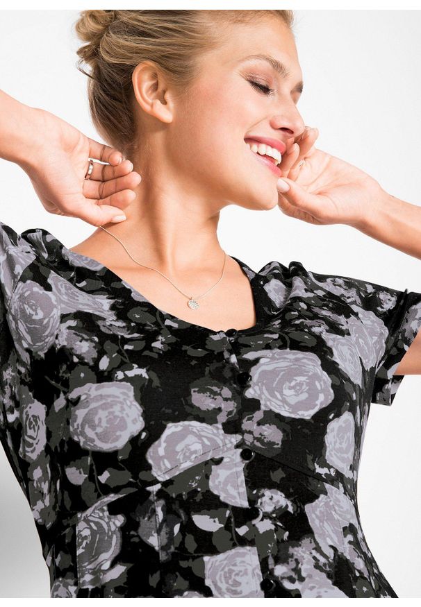 bonprix - Długa sukienka z krótkim rękawem z lejącej mieszanki wiskozy. Kolor: czarny. Materiał: wiskoza, materiał. Długość rękawa: krótki rękaw. Długość: maxi