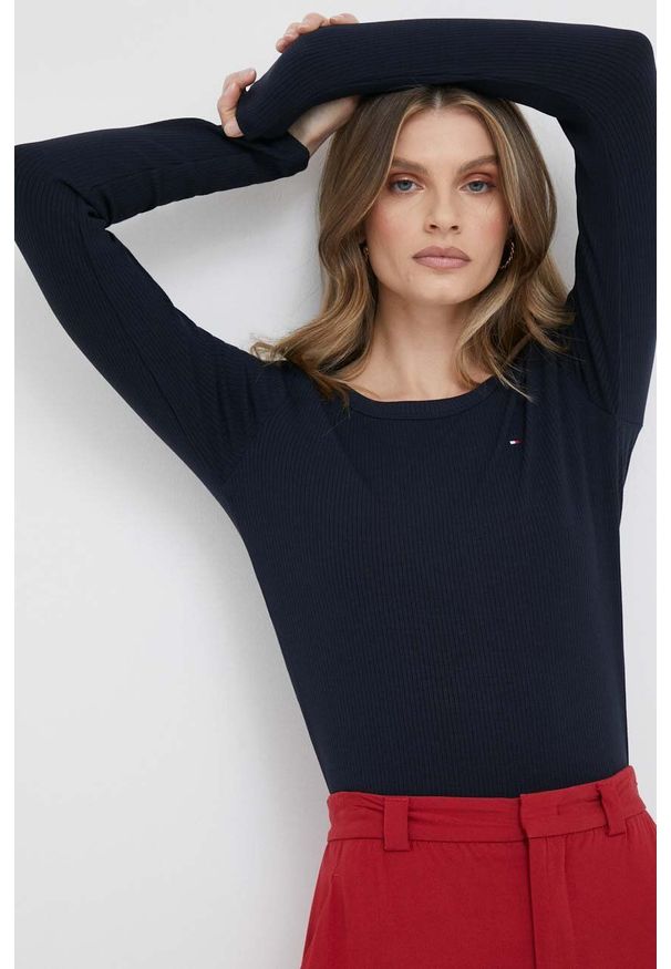 TOMMY HILFIGER - Tommy Hilfiger longsleeve damski kolor granatowy. Kolor: niebieski. Materiał: materiał, dzianina, prążkowany. Długość rękawa: długi rękaw. Długość: długie. Wzór: aplikacja