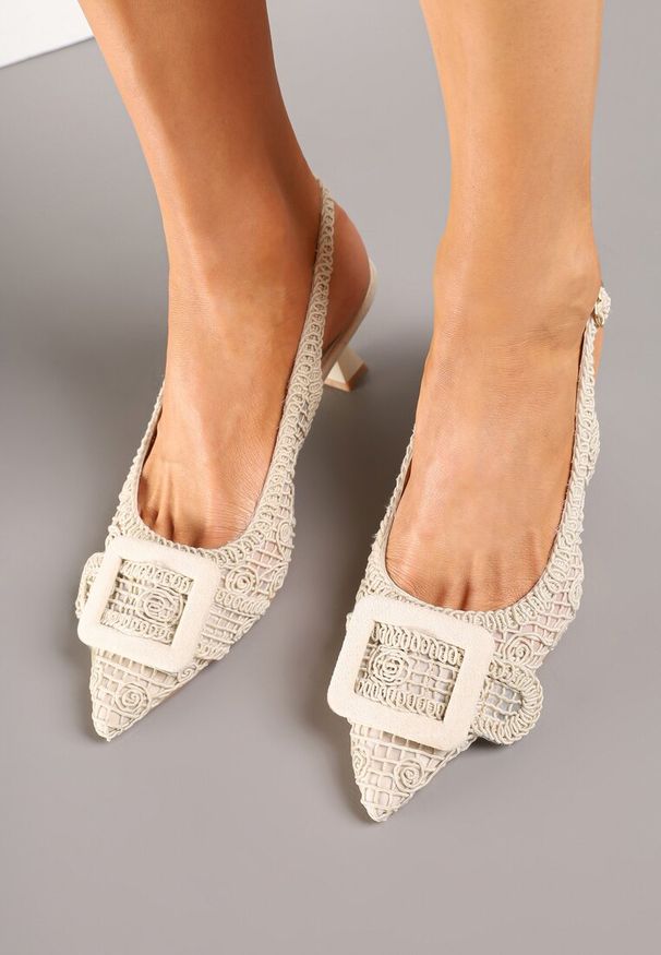 Renee - Beżowe Sandały na Kaczuszce Typu Slingback Ozdobione Plecionką i Klamrą Elivrella. Zapięcie: klamry. Kolor: beżowy. Wzór: aplikacja. Obcas: na szpilce. Styl: klasyczny, elegancki