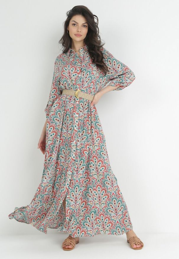 Born2be - Czerwono-Niebieska Sukienka z Guzikami i Plecionym Paskiem z Klamrą Aralty. Kolor: zielony. Długość rękawa: długi rękaw. Sezon: wiosna, lato. Typ sukienki: koszulowe