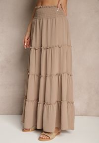 Renee - Beżowa Rozkloszowana Spódnica z Gumką w Talii Zdobiona Falbanami Dovinelle. Okazja: na co dzień. Kolor: beżowy. Wzór: aplikacja. Styl: elegancki, casual #5