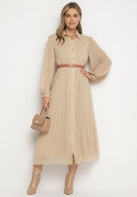 Born2be - Beżowa Plisowana Sukienka o Koszulowym Kroju z Dodatkowym Paskiem Mialessa. Okazja: na co dzień. Kolor: beżowy. Materiał: materiał. Typ sukienki: koszulowe. Styl: casual, elegancki, klasyczny #5