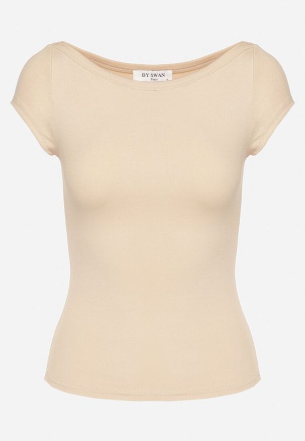 Born2be - Jasnobeżowy T-shirt z Bawełny o Dopasowanym Kroju z Dekoltem w Łódkę Galerissa. Kolor: beżowy. Materiał: bawełna. Styl: elegancki