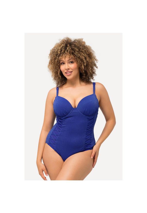 ULLA POPKEN - Damski Kostium kąpielowy miękkie miseczki z fiszbinami brokat ozdobne paseczki. Kolekcja: plus size. Kolor: niebieski. Materiał: materiał