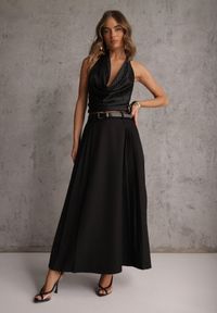 Renee - Czarna Rozkloszowana Spódnica z Wiskozy z Dodatkowym Paskiem z Klamrą Lowedina. Kolor: czarny. Materiał: wiskoza #3