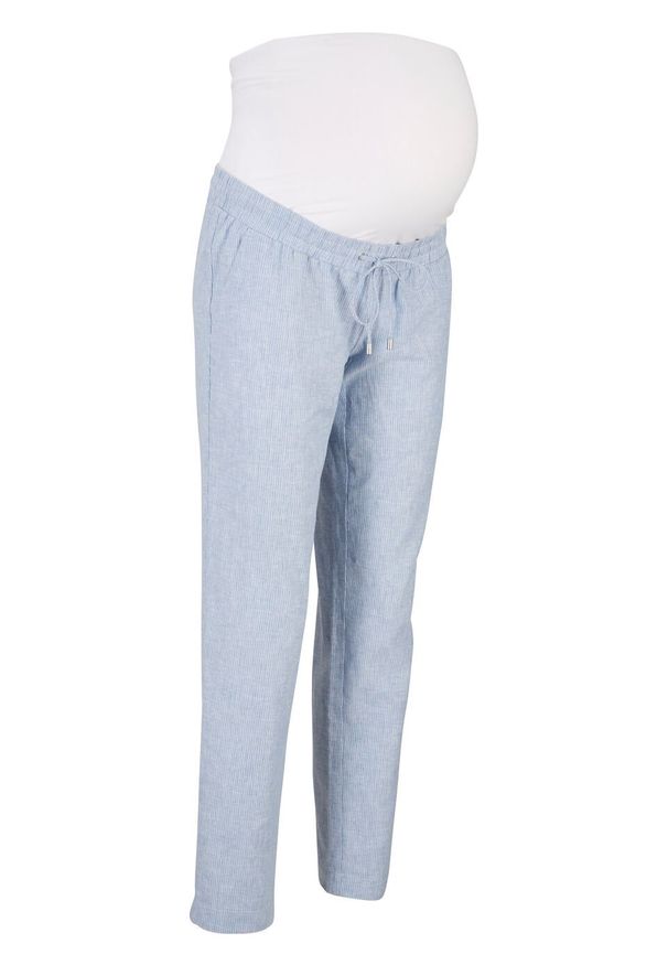 Spodnie ciążowe z lnem bonprix biało-niebieski w paski. Kolekcja: moda ciążowa. Kolor: biały. Materiał: len. Wzór: paski