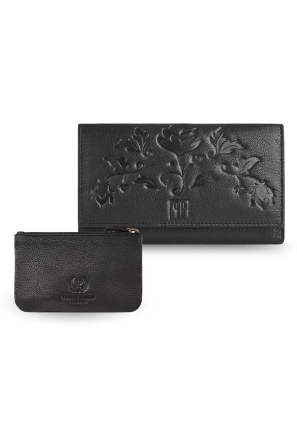 PAOLO PERUZZI - Portfel damski skórzany z kwiatowym wzorem T-45-BL etui na klucze T-51-NBL zestaw prezentowy Paolo Peruzzi ZUP-119-BL. Kolor: czarny. Materiał: skóra ekologiczna. Wzór: kwiaty