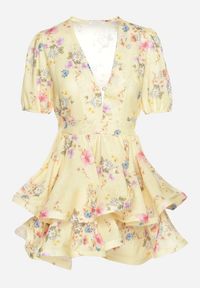 Born2be - Żółta Bawełniana Sukienka w Kwiaty o Rozkloszowanym Kroju z Falbankami Norittia. Okazja: na co dzień. Typ kołnierza: kołnierz z falbankami. Kolor: żółty. Materiał: bawełna. Długość rękawa: krótki rękaw. Wzór: kwiaty. Styl: casual, elegancki #5